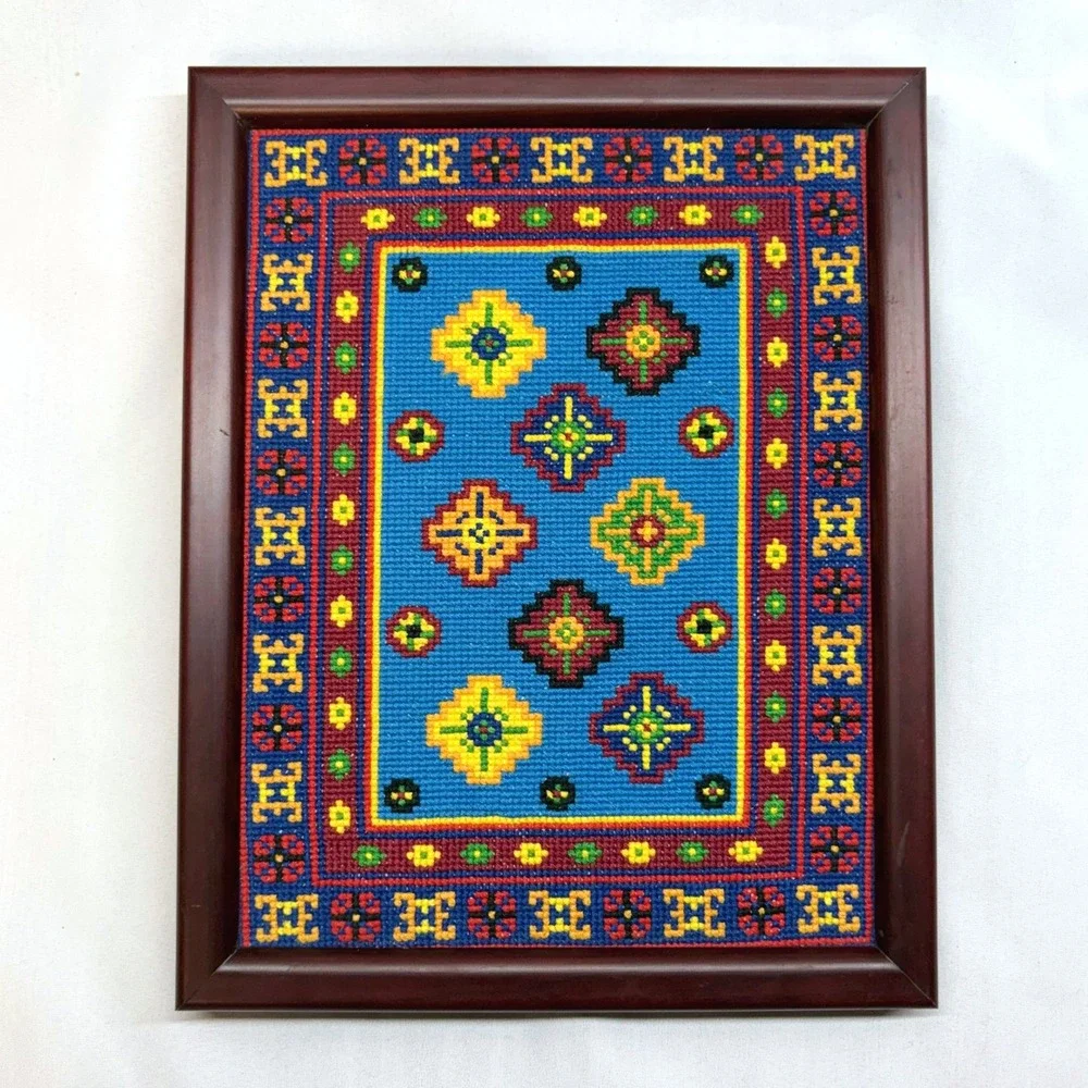 Handmade Needlepoint Wall Art Unisex Small Blue Vintage Geometric Framed Good